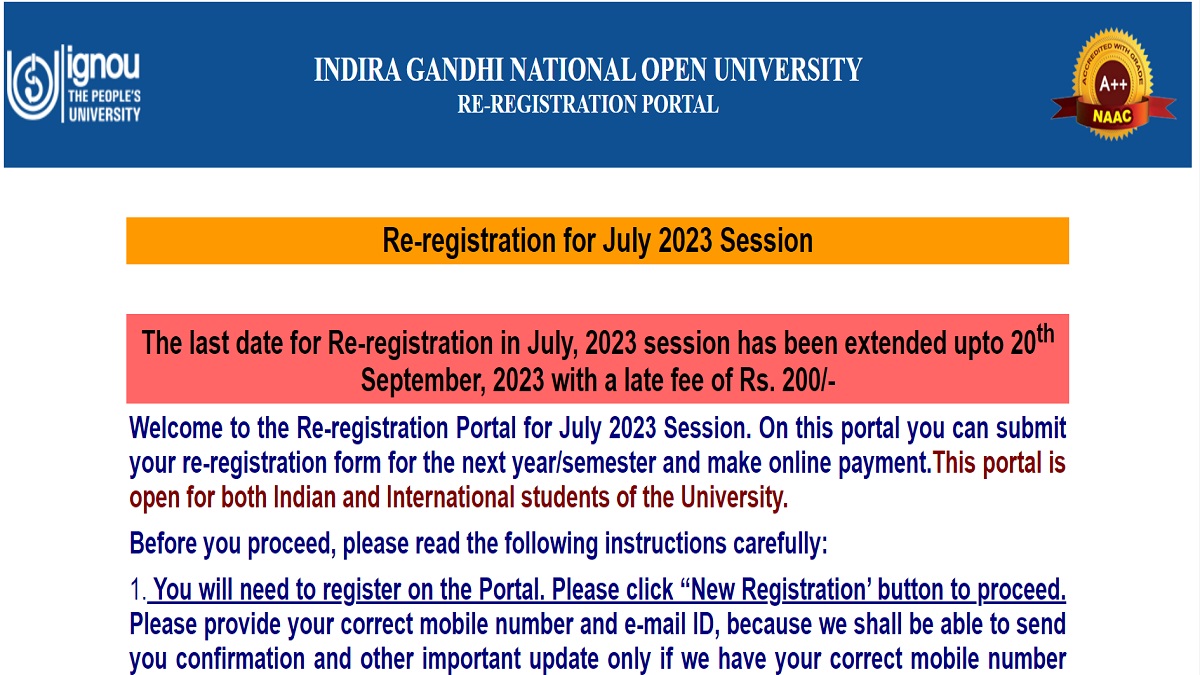 IGNOU July 2023 Registration Re-registration close tomorrow