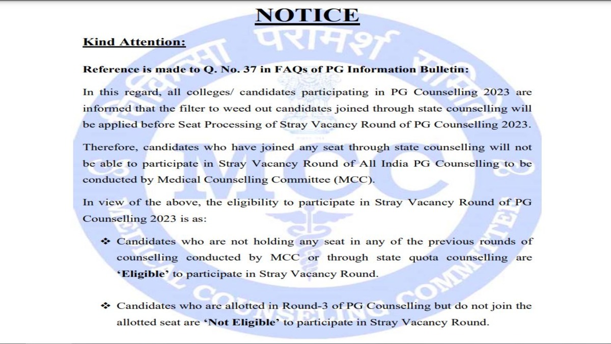 MCC Issues Notice for NEET PG Counselling Stray Vacancy Round