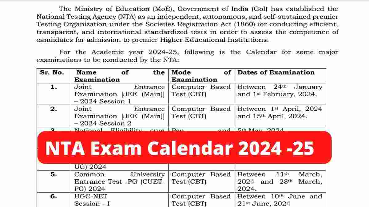 NTA Exam Dates 2024 - 25: Check NTA Exam Calendar for JEE Main, NEET UG, CUET, UGC NET