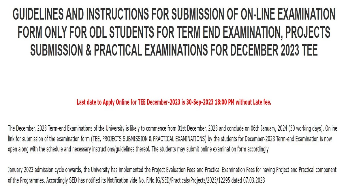 IGNOU TEE December 2023 Exam Form Submission Last Date Extended till