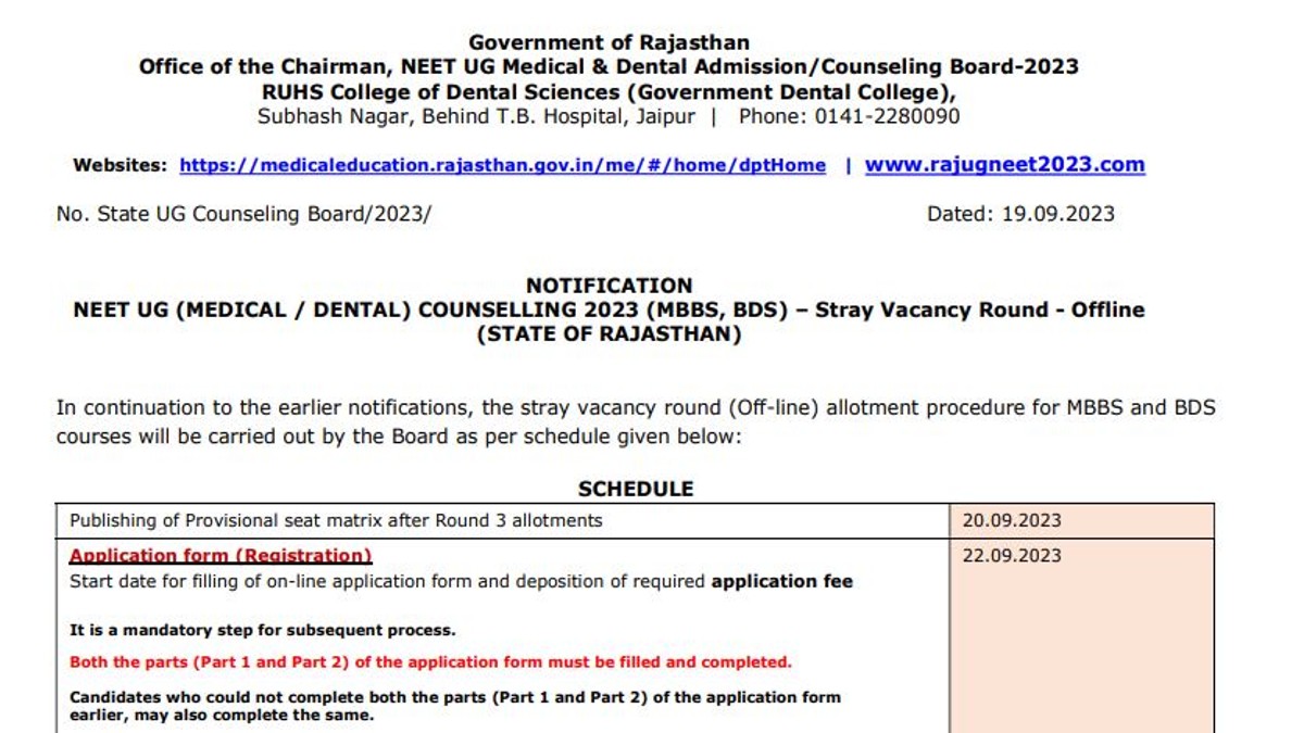 Rajasthan NEET UG Stray Vacancy Round Counselling 2023 Registrations