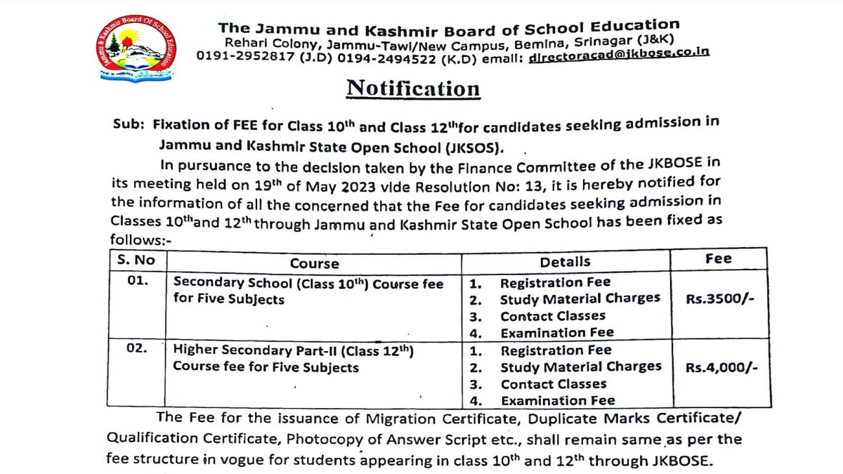 JKBOSE 10th, 12th Open School Admission Fees Revised