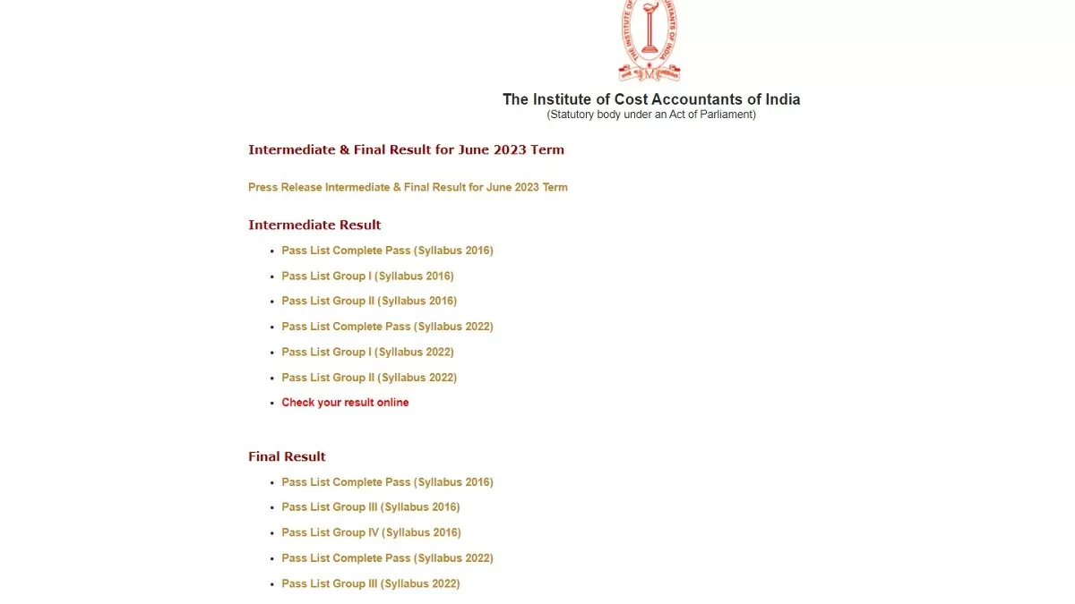 ICMAI CMA फाइनल, इंटर रिजल्ट 2023 डाउनलोड लिंक यहां से प्राप्त कर सकते हैं