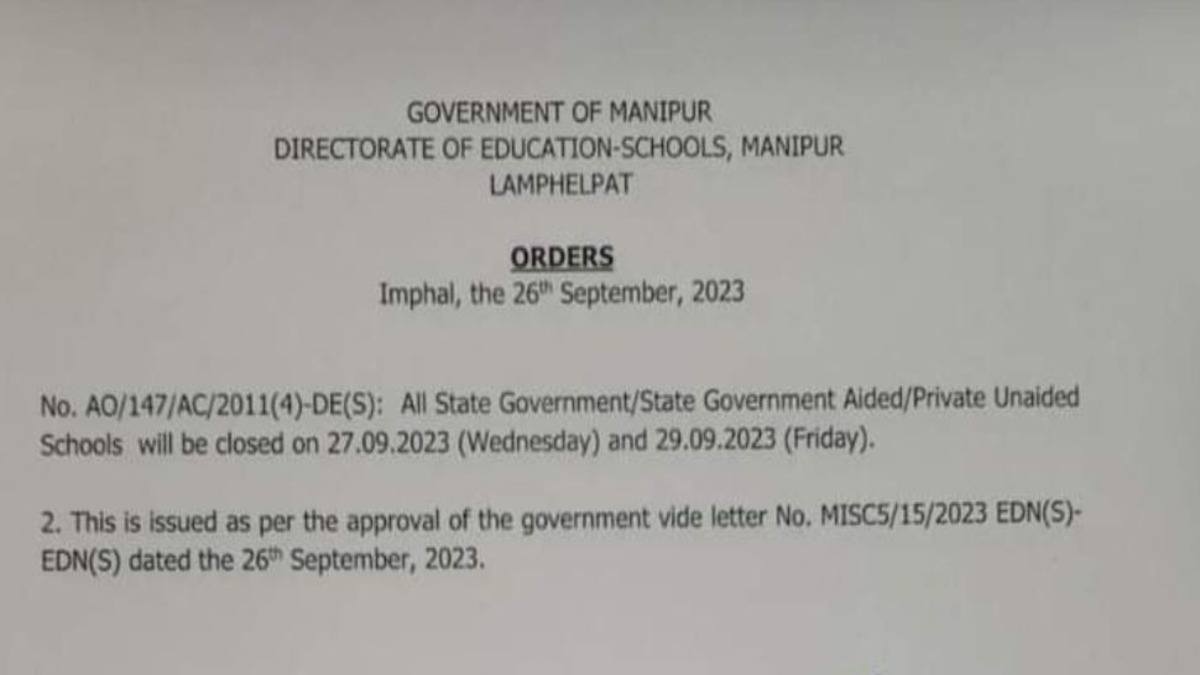 Manipur Schools Closed on September 27, 29, 2023