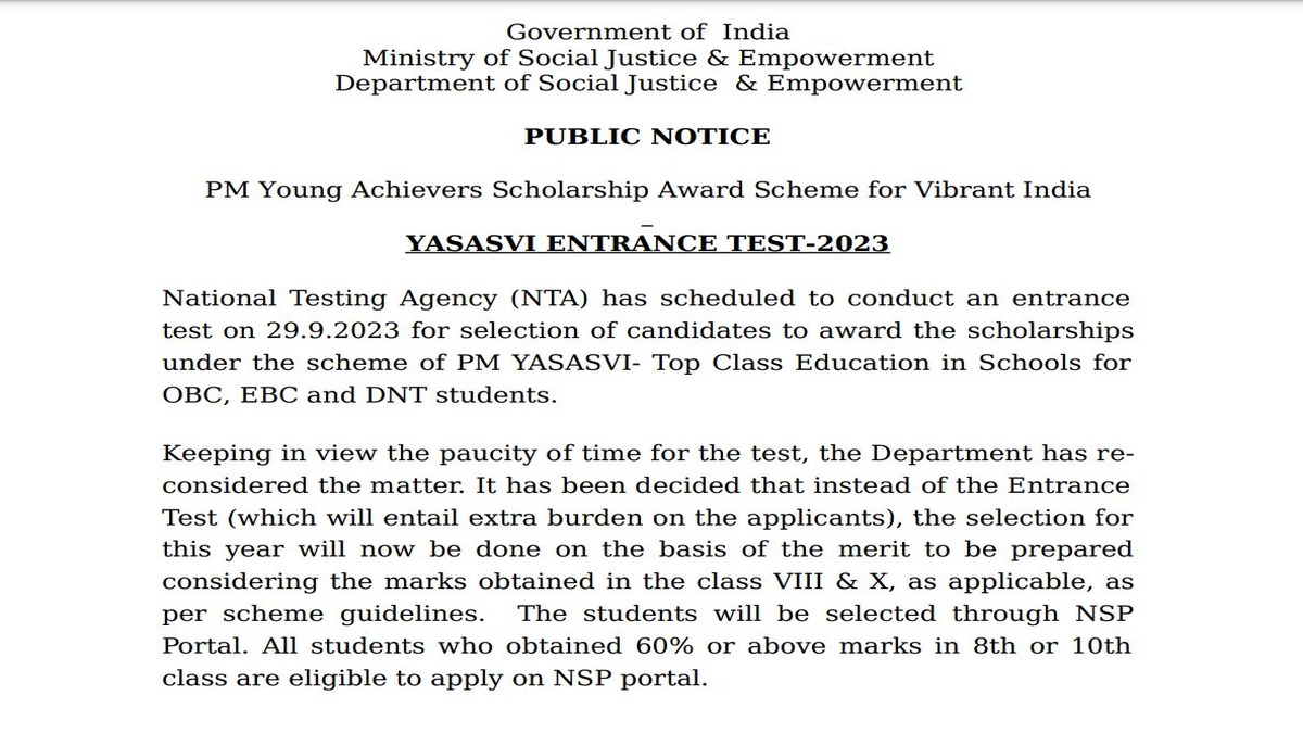 PM YASASVI Entrance Test 2023 Cancelled, Know how merit list will be prepared