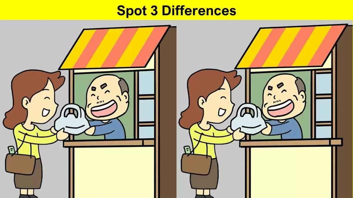Spot 3 differences between the lady and shopkeeper pictures in 16 seconds