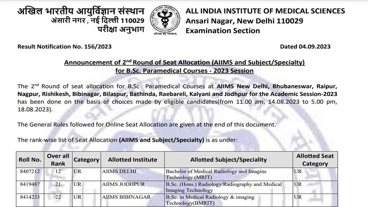 AIIMS BSc Nursing Counselling 2023 Registration for Open Round Starts at  aiimsexams.ac.in, Check Vacant Seats Here