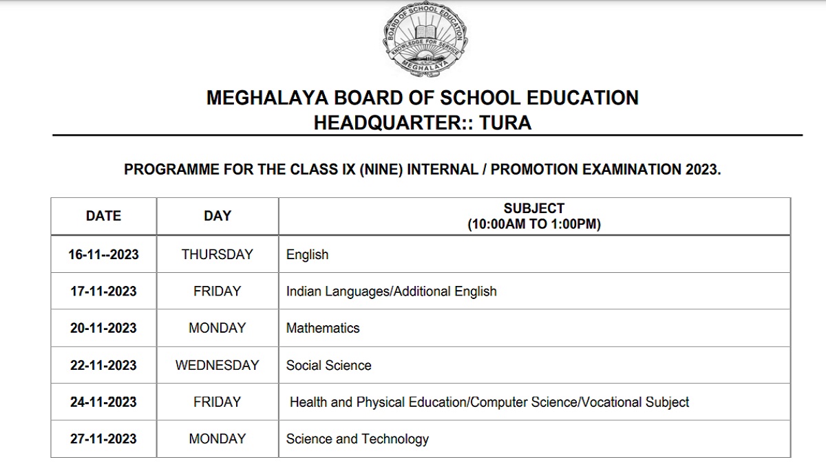 MBOSE class 9 Exam Schedule Released