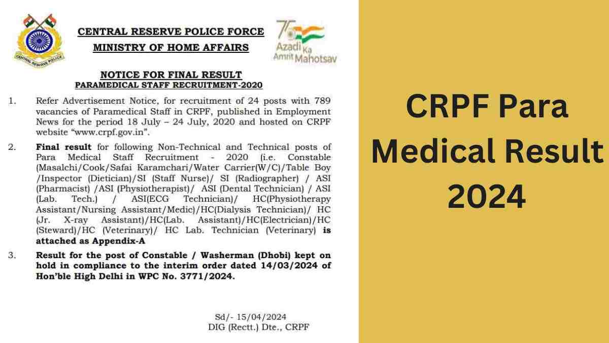 CRPF Para Medical Staff Result 2024 OUT: जारी हुआ सीआरपीएफ पैरा मेडिकल स्टाफ परीक्षा का रिजल्ट, rect.crpf.gov.in से करें डाउनलोड 