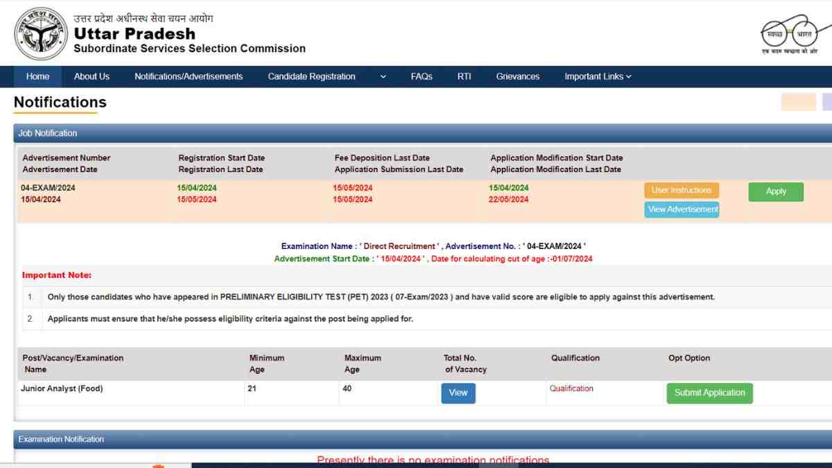 UPSSSC Junior Analyst Food Online Application 2024: जूनियर फ़ूड एनालिस्ट फ़ूड भर्ती के लिए आवेदन आज से आवेदन शुरू 