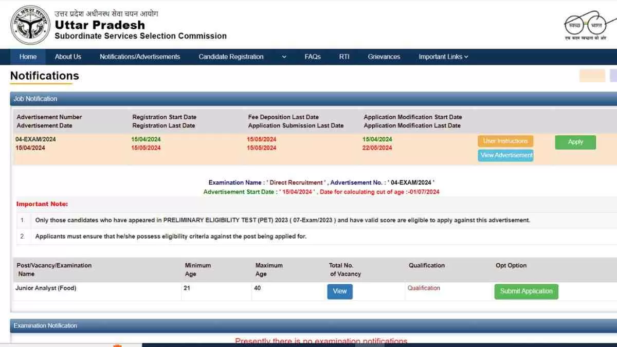UPSSSC Junior Analyst Food Online Application 2024: जूनियर फ़ूड एनालिस्ट फ़ूड भर्ती के लिए आवेदन आज से आवेदन शुरू 