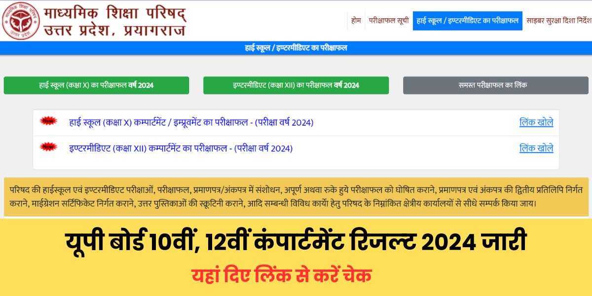 [डायरेक्ट लिंक] upmsp.edu.in Compartment Result 2024: जारी हुआ यूपी बोर्ड 10वीं, 12वीं कंपार्टमेंट रिजल्ट, तुरंत यहां Roll Number से करें चेक
