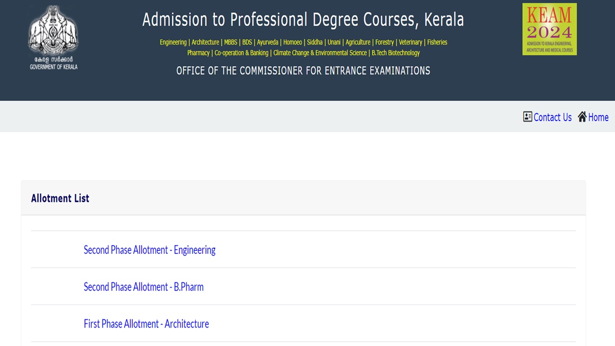 KEAM 2024 Seat Allotment Result Issued for Engineerong, Pharmacy and Architecture