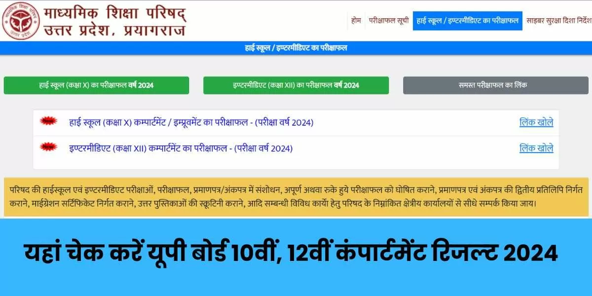 यूपी बोर्ड 10वीं, 12वीं कम्पार्टमेंट रिजल्ट 2024 को सीधे आधिकारिक वेबसाइट या लेख में दिए गए लिंक से चेक किया जा सकता है।