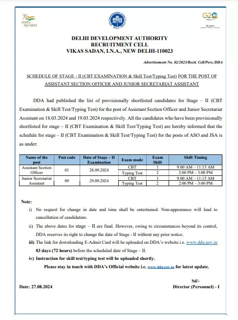 DDA ASO, JSA Stage II Exam Date 2024 OUT