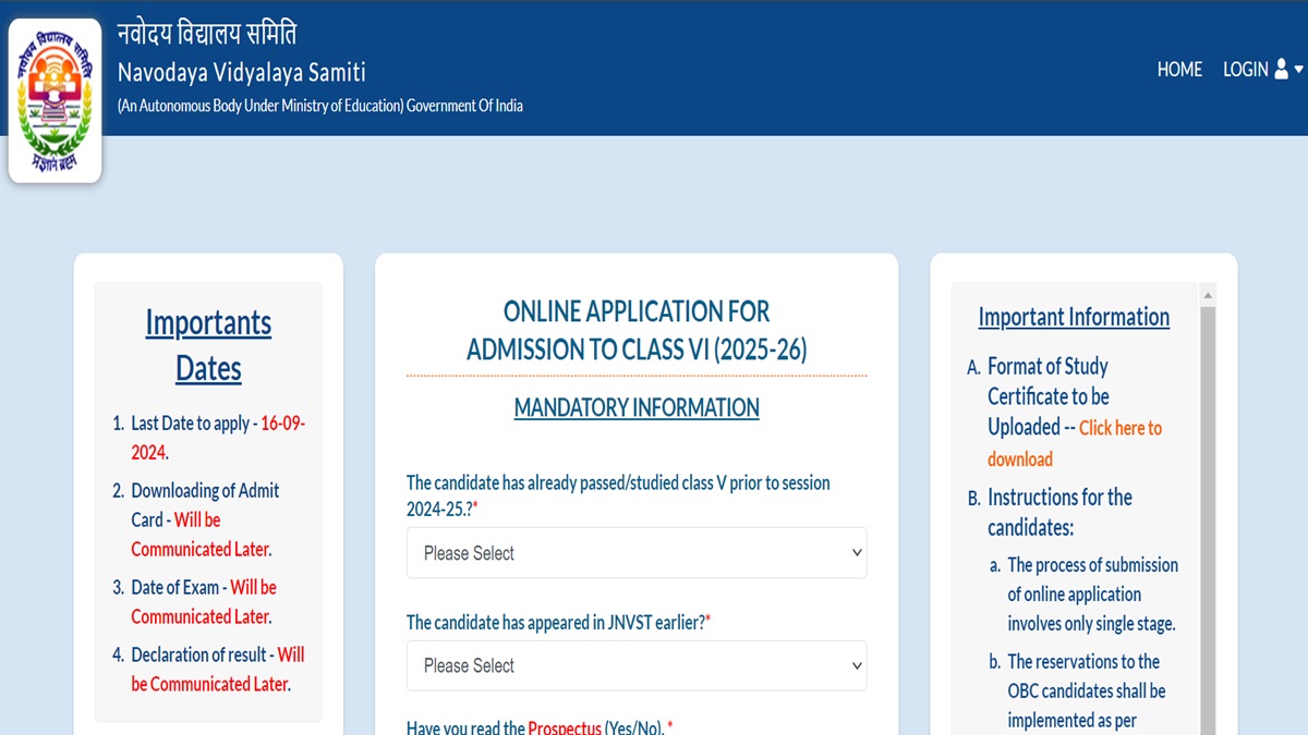 JNV Admission 2025 Applications commence