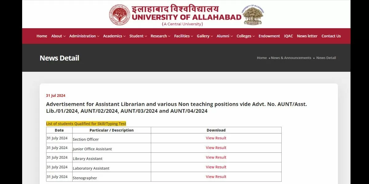 इलाहाबाद विश्वविद्यालय गैर शिक्षण विभिन्न पदों का परिणाम 2024 आधिकारिक वेबसाइट पर जारी कर दिया गया है।