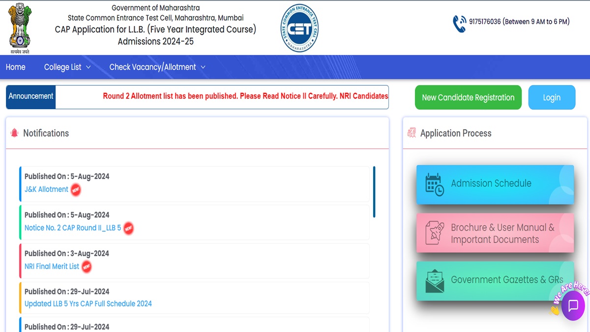 MH CET Counselling 2024 5 year LLB round 2 allotment