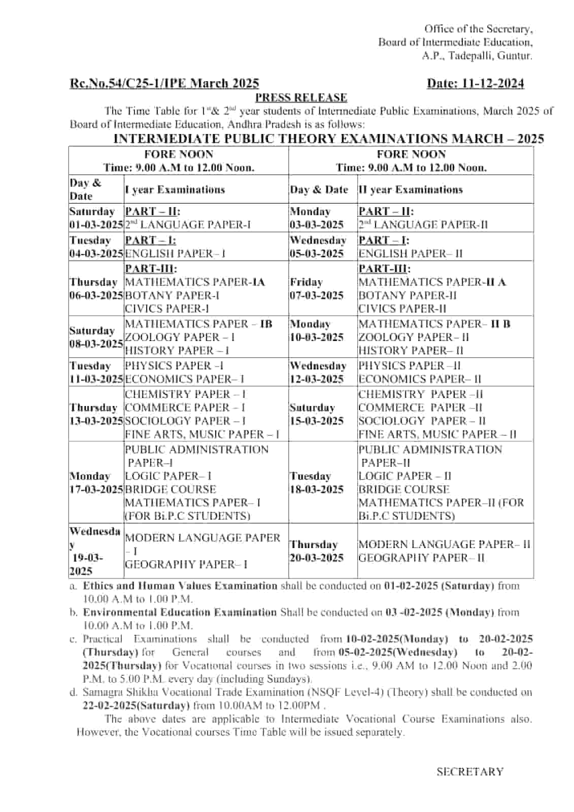 AP Board Exam Date Sheet 2025 Download BIEAP Inter 1st, 2nd Year Time