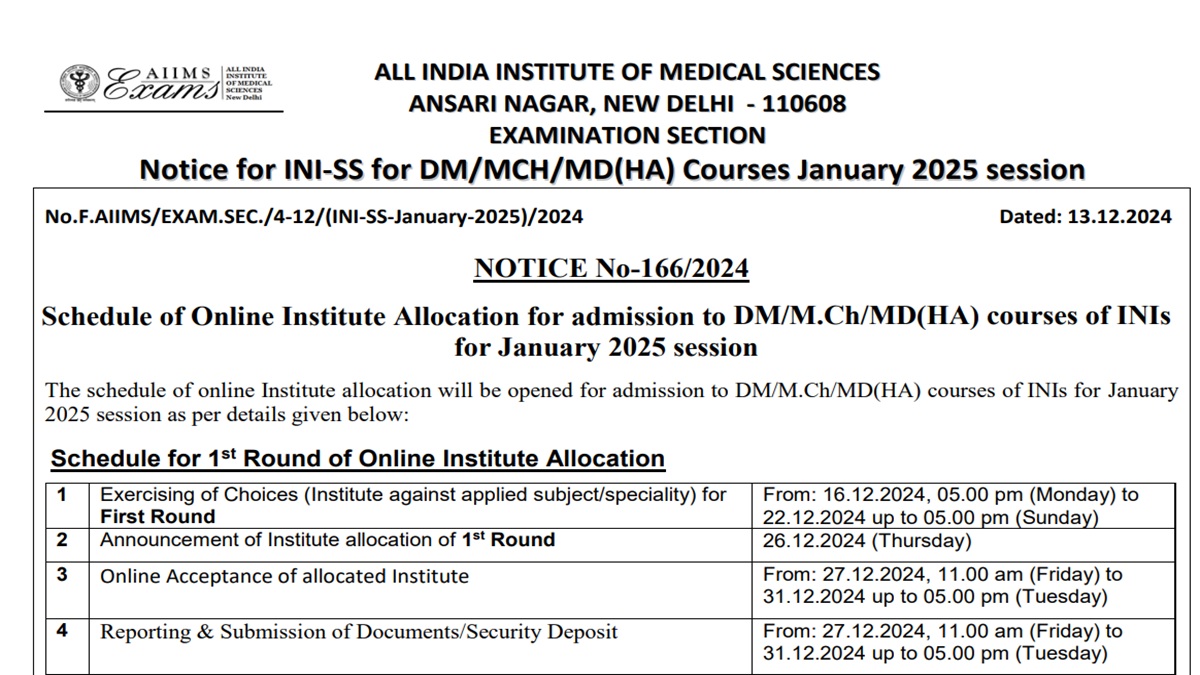 AIIMS INI SS January 2025 Counselling Schedule Out
