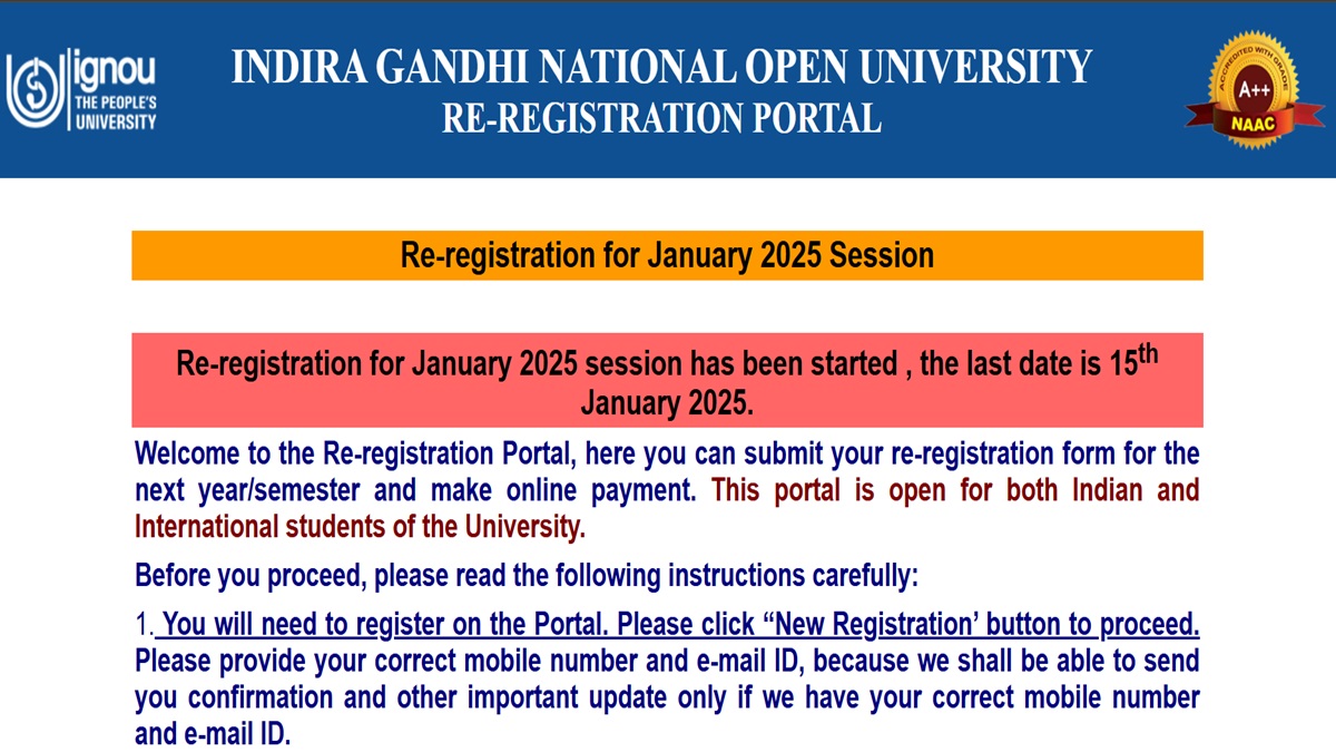 IGNOU January 2025 Re-Registration Open