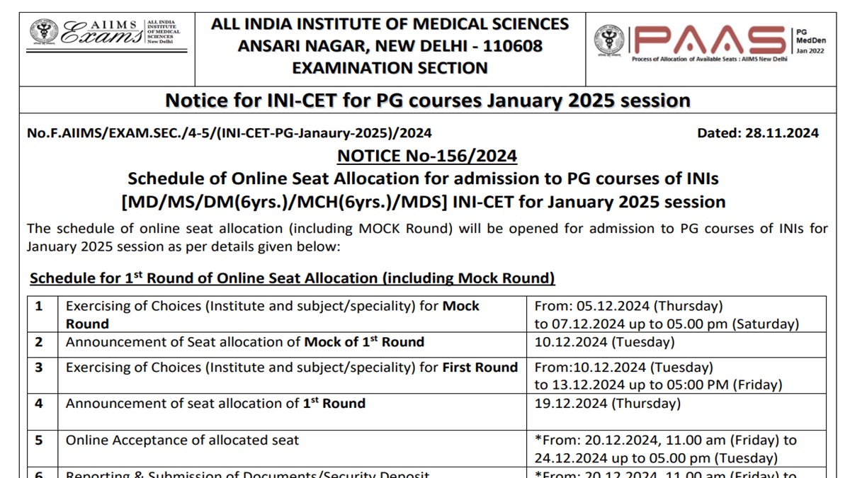 AIIMS INI CET January 2025 Counselling Mock Round Choice Filling Begins ...