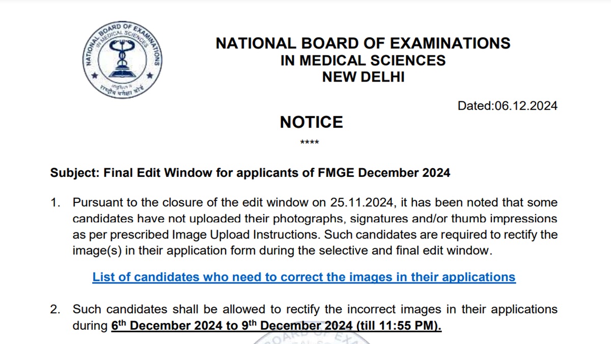 FMGE December 2024 Final Edit Window Open