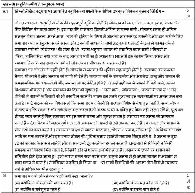hindi literature previous year question paper