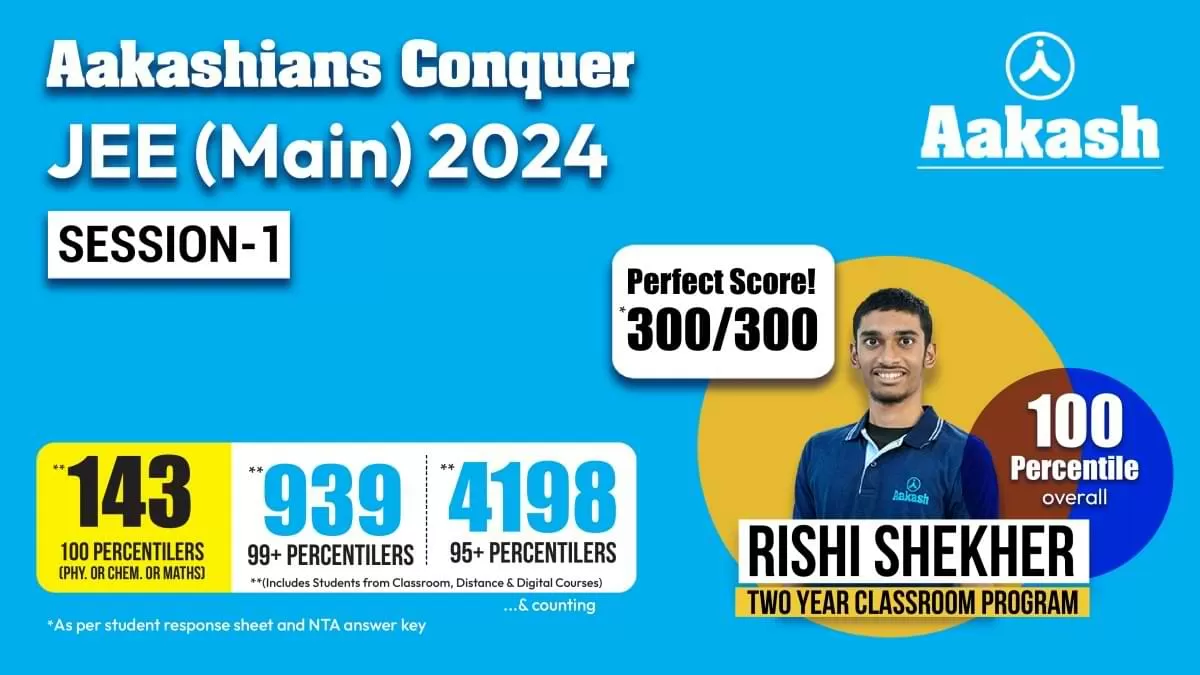 Rishi Shekher Shukla, an Aakash Institute student, achieves an impressive perfect score of 300/300 and is the Telangana State Topper in JEE (Main) 2024
