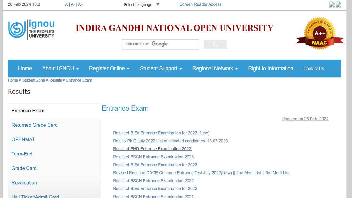 IGNOU Entrance Result 2024 Declared for BEd, PhD, BSCN at ignou.ac.in