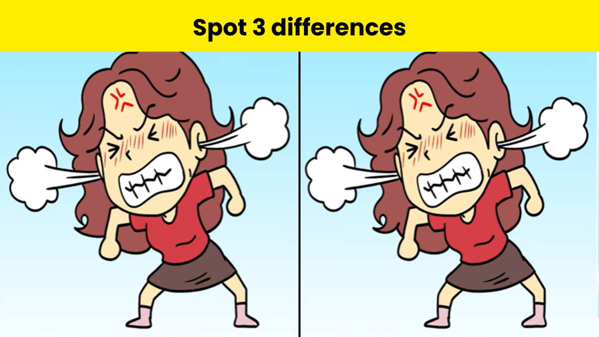 Spot 3 differences between angry woman pictures within 15 seconds. 