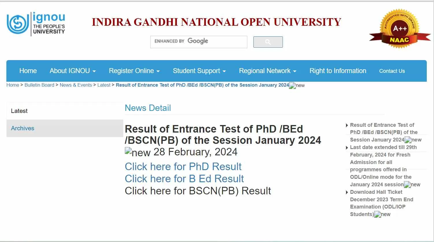 इग्नू प्रवेश परीक्षा 2024 का परिणाम ignou.ac.in पर जारी कर दिया है। बीएड, पीएचडी और बीएससीएन (पीबी) नतीजे देखने के लिए डायरेक्ट लिंक यहां से प्राप्त करें।