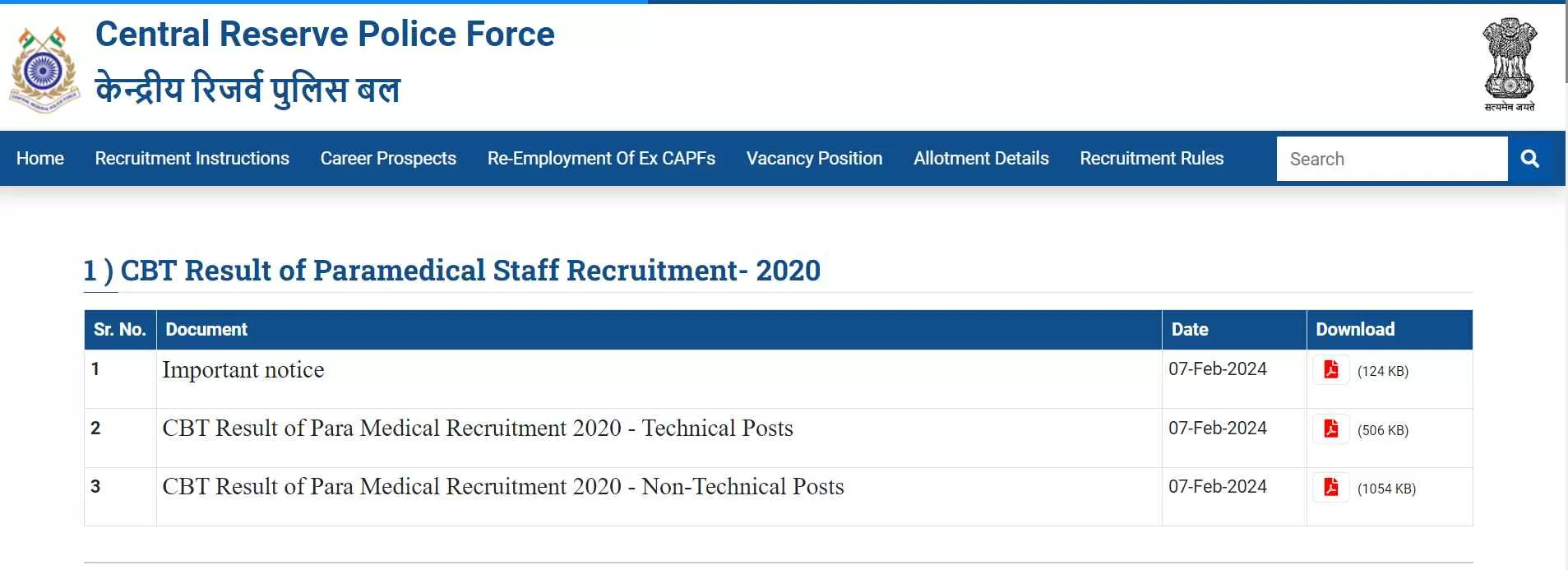 CRPF Paramedical Result 2024 Released: Download Technical and Non Technical 2020 PDF