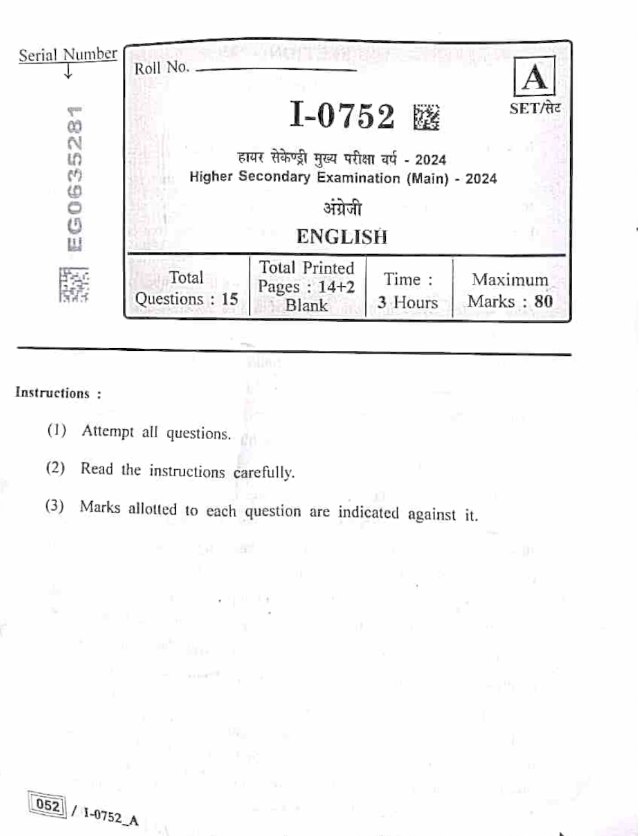 MP Board Class 12 English Paper 2024 PDF with Answer Key