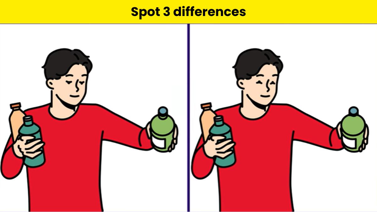 Spot 3 differences between man carrying bottle pictures in 15 seconds.