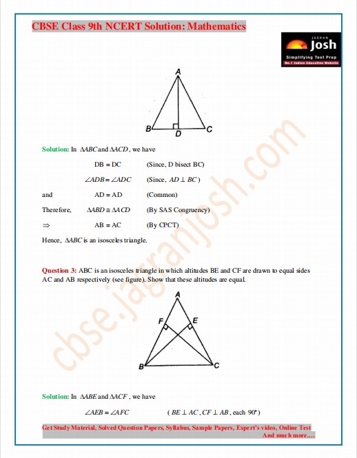 NCERT Solutions for Class 9 Maths Exercise 7.2 Chapter 7 Triangles