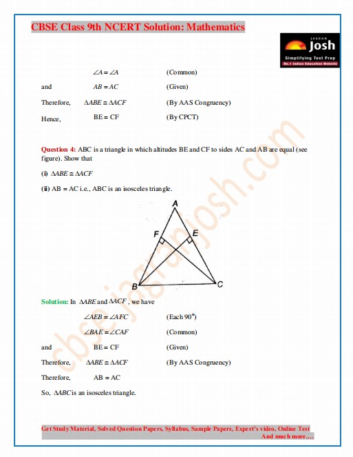 NCERT Solutions for Class 9 Maths Exercise 7.2 Chapter 7 Triangles