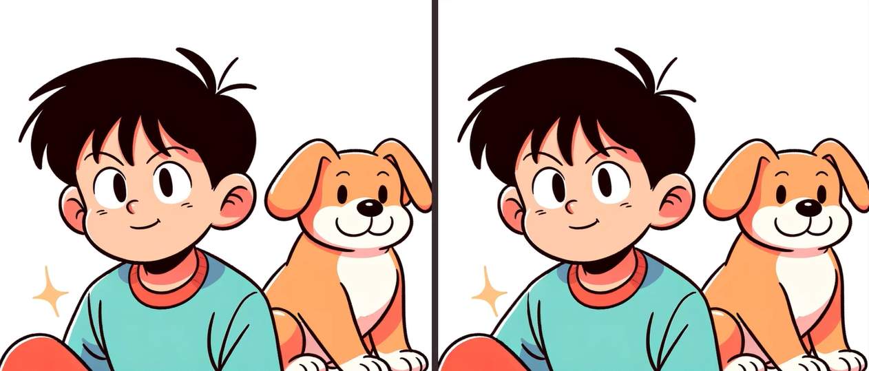 Spot 3 differences between the boy and dog pictures in 15 seconds!