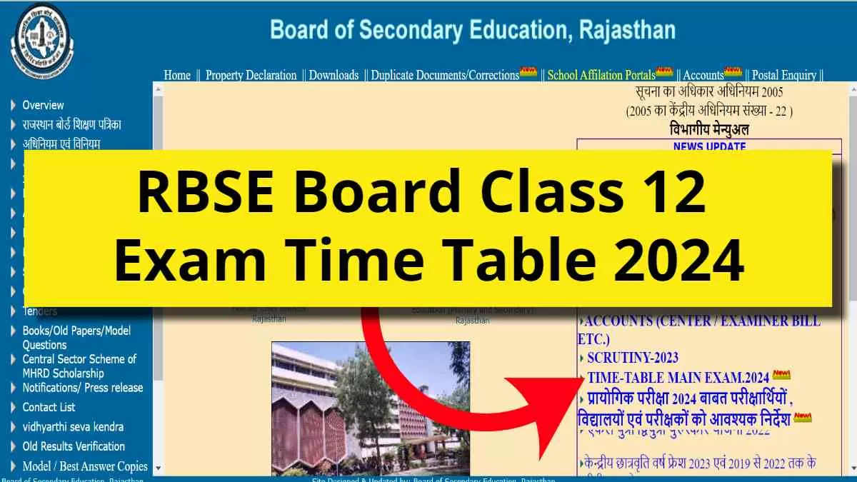 RBSE 12th Time Table 2024 Download Rajasthan Board Class 12 Exam Date