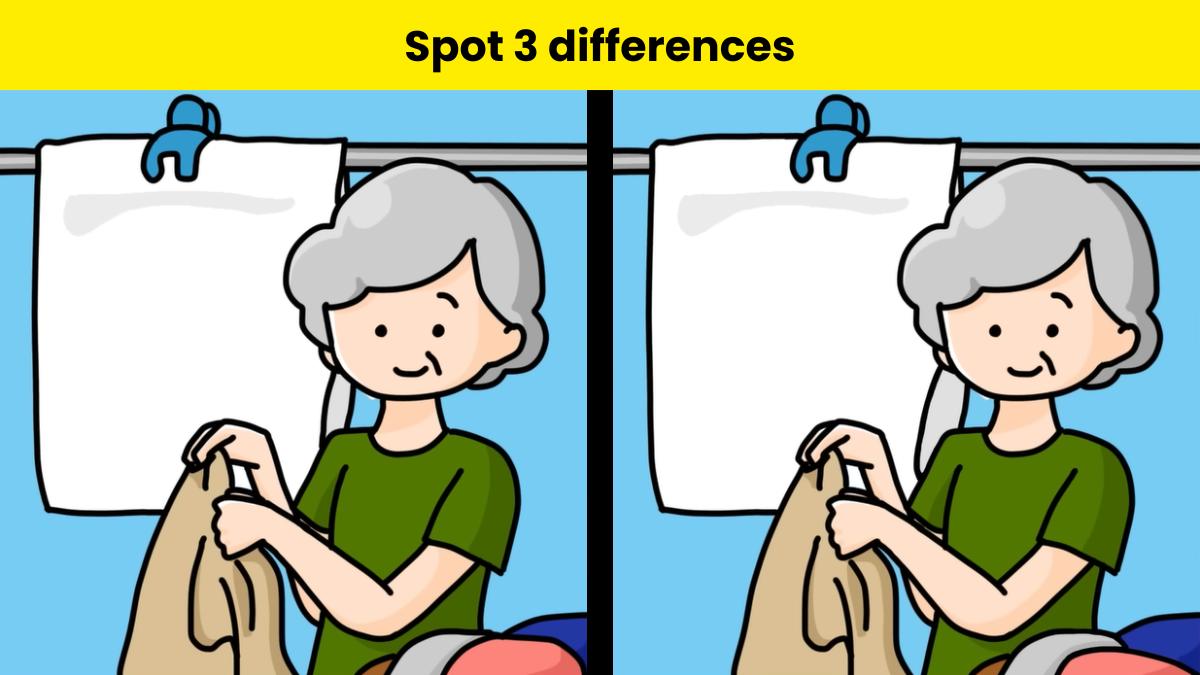 Spot 3 differences between the grandma drying clothes picture within 12 seconds.