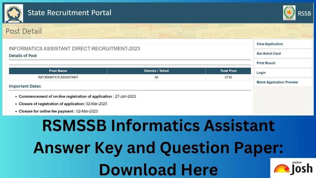 Check RSMSSB Informatics Assistant Exam 2024 Answer Key And Question Paper PDF here