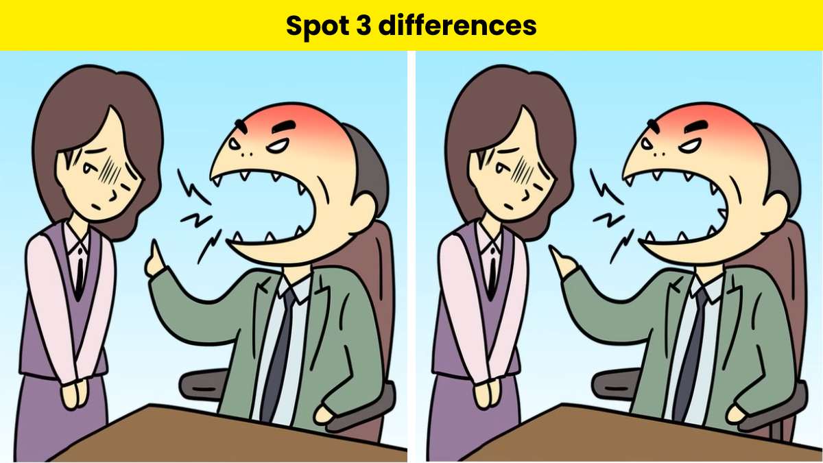 Spot 3 differences between boss scolding employee picture within 12 seconds.
