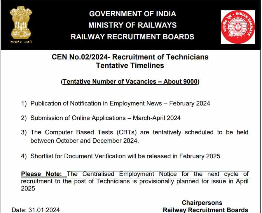 RRB Railway Technician Notification 2024 Short Notice