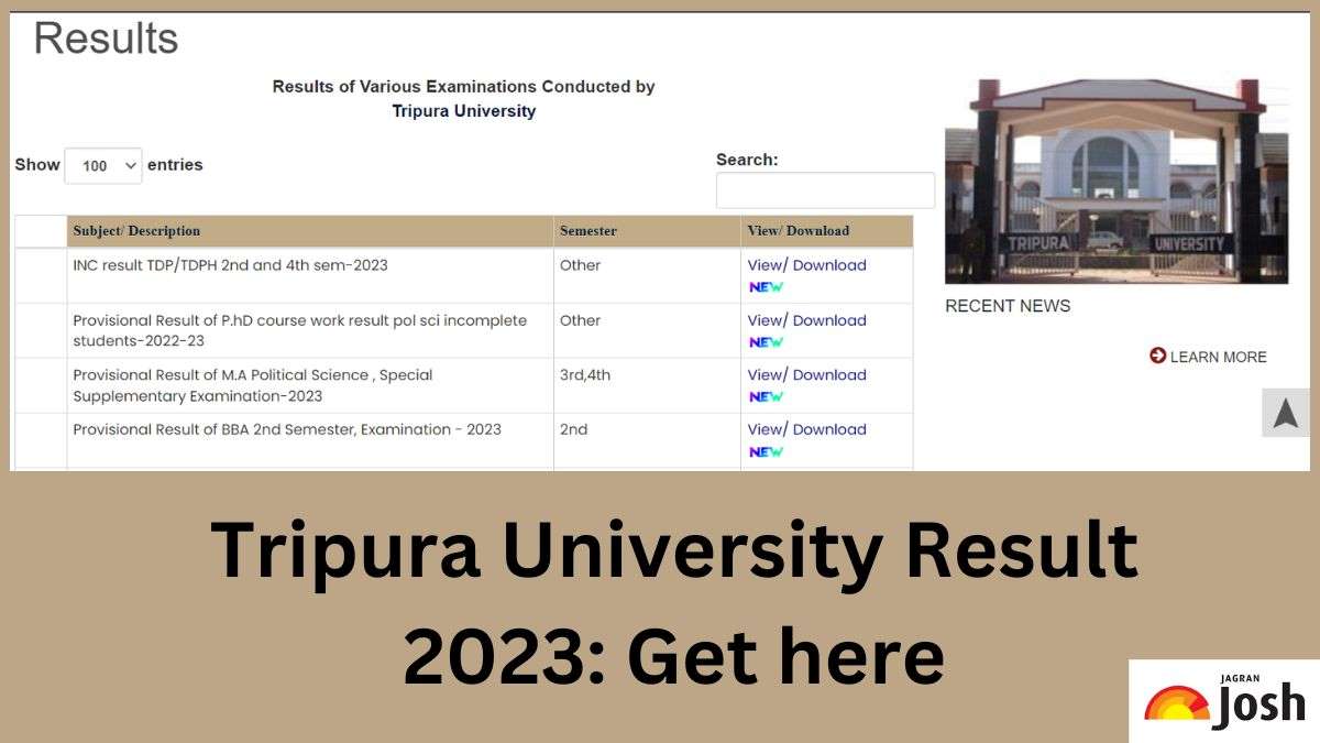 Tripura University Result 2023 OUT on tripurauniv.ac.in, Download UG and PG Semester Result PDF