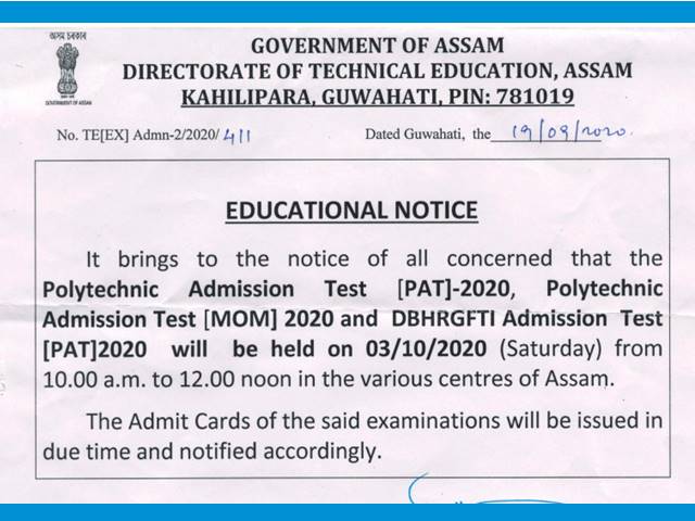 Assam PAT 2020 Exam Schedule Announced, Admit Cards Expected Soon @ dte.assam.gov.in