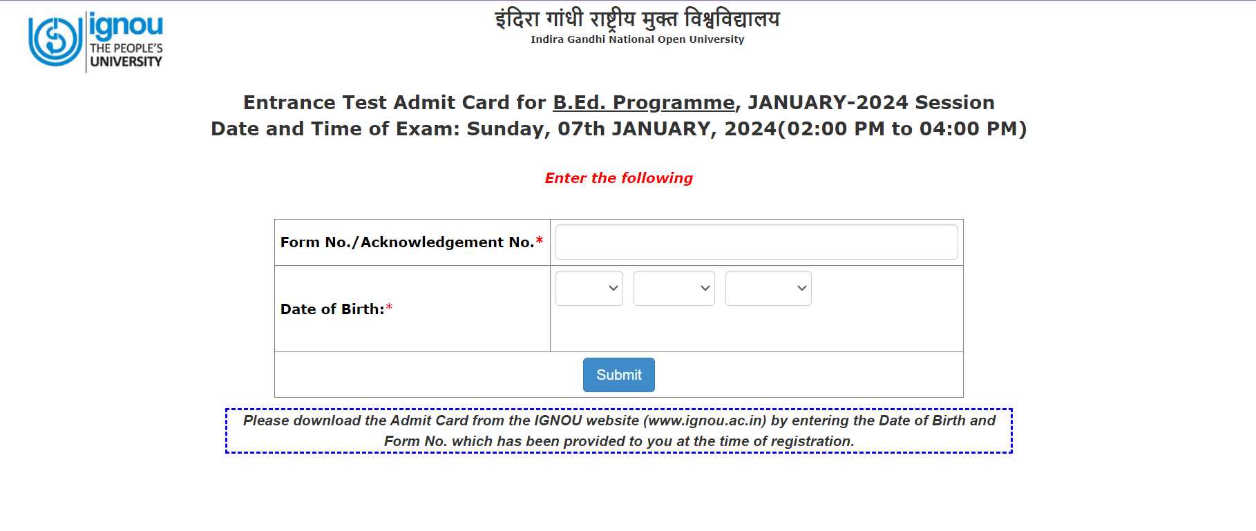 IGNOU BEd Admit Card 2024 Out: Ignou.ac.in पर इग्नू बीएड प्रवेश परीक्षा ...