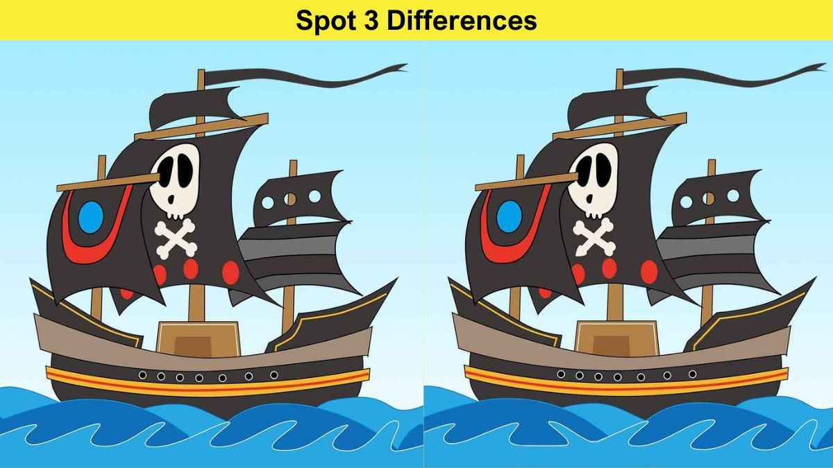 Spot 3 differences between the pirate ship pictures in 10 seconds!