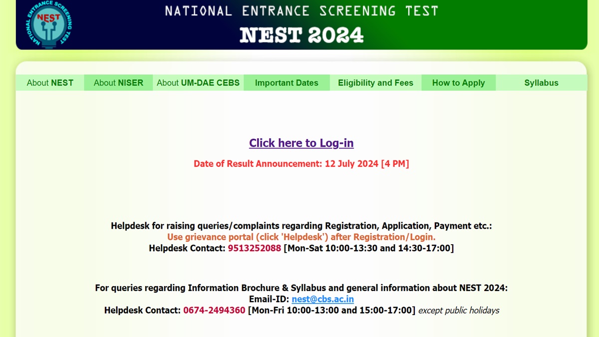 NEST Result 2024 Date and Time Announced, Download Scorecard At nestexam.in