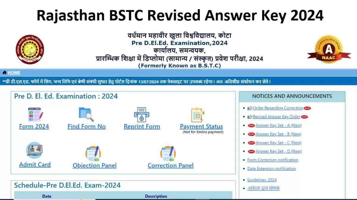 Rajasthan BSTC Revised Answer Key 2024 OUT at predeledraj2024.in: Download Pre Deled SET-Wise PDF