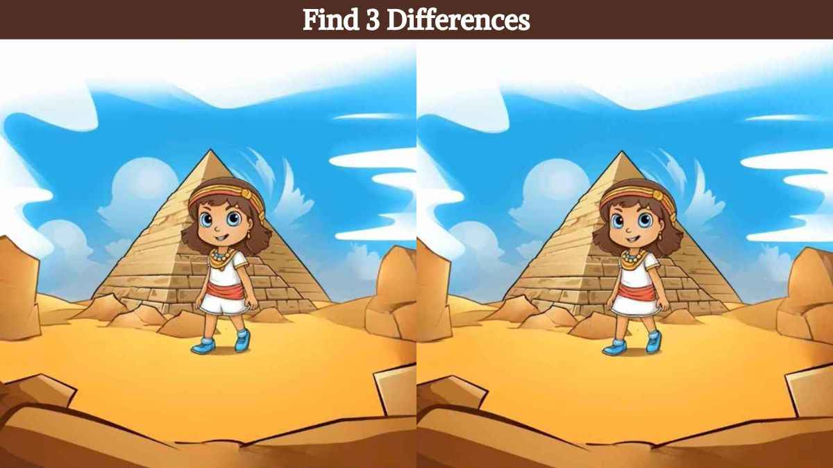 Find 3 differences between the pictures of a girl standing near the pyramid in 19 seconds!